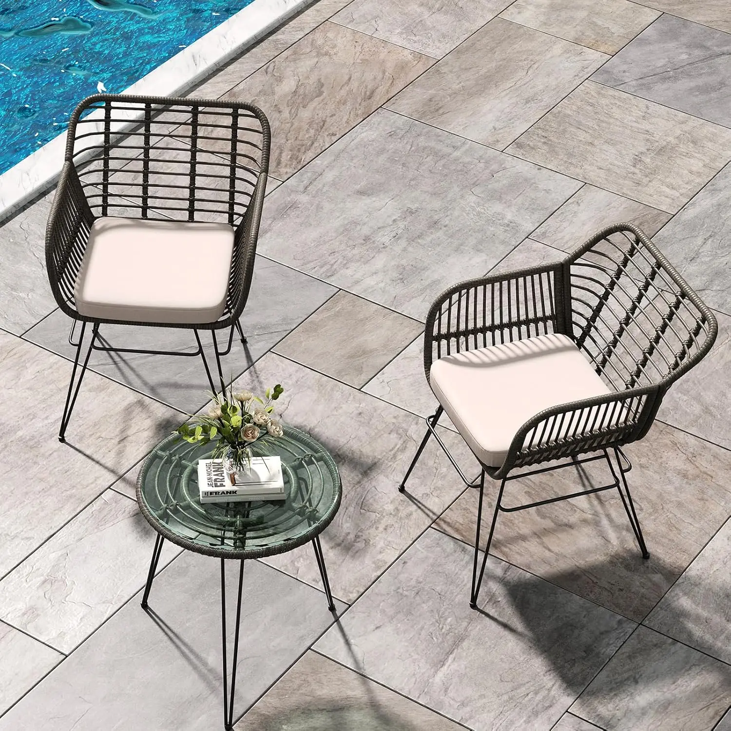 Meubles de jardin en rotin pour 2 personnes, ensemble bistrot 3 pièces, meubles de balcon, ensemble de meubles de jardin avec 2 chaises + table, petit salon, résistant aux intempéries pour jardin,