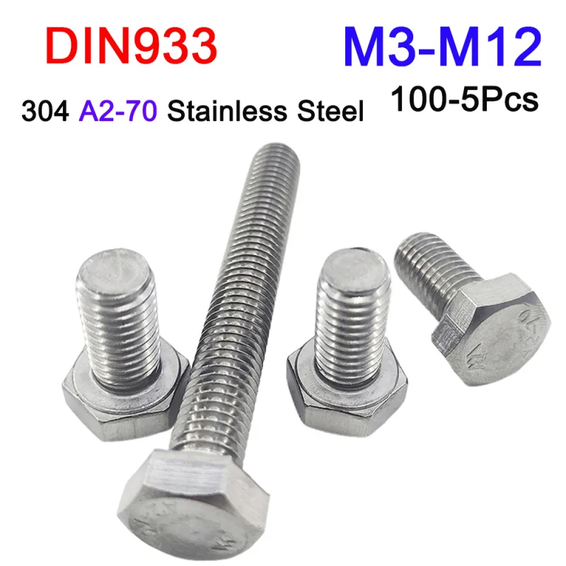 5-100 Stück M3 M4 M5 M6 M8 M10 M12 DIN933 304 Edelstahl Sechskantschrauben Vollgewinde Außensechskant Sechskantschrauben Image