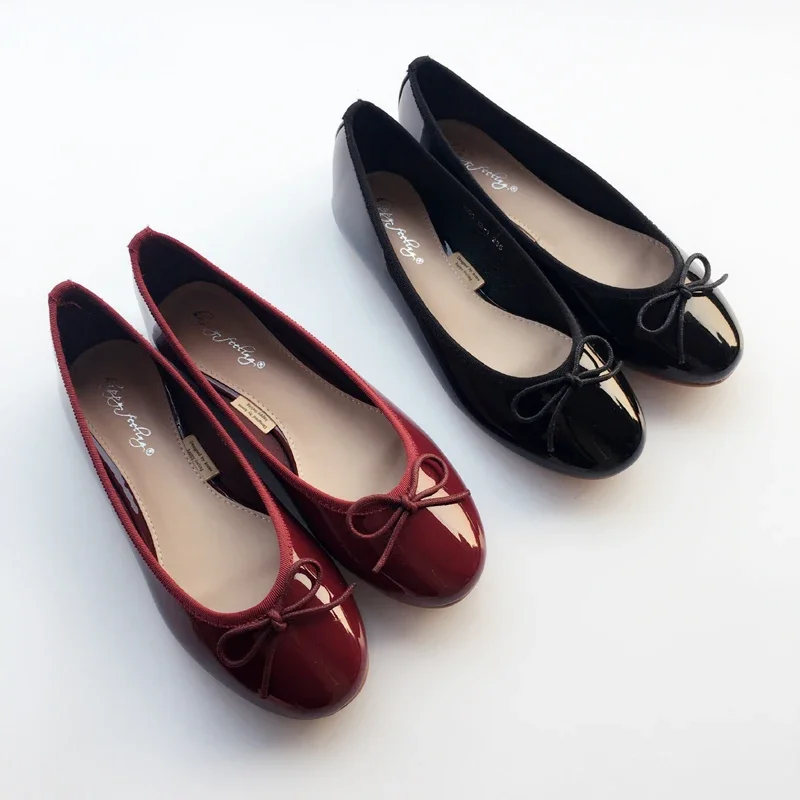 Ballerinas aus lackiertem Leder mit Schleife für Damen, Loafer mit Schleife, Marken-Retro-Einzel-Flats-Schuhe, runde Zehenpartie, Slip-on-Mokassins, Damenschuhe