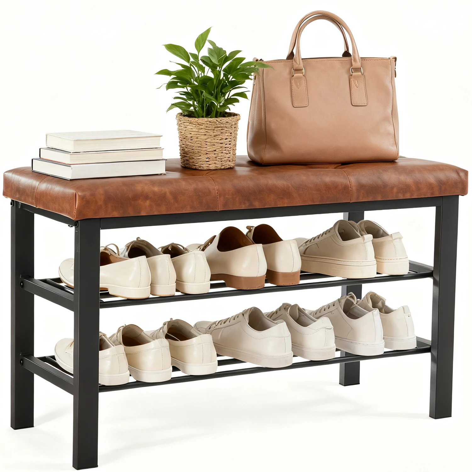 Schuhbank mit 3 Ablageflächen – Gepolsterte Sitzbank aus PU-Leder (5 cm Schaum), stabiles Metallgestell, platzsparender Schuhschrank für den Flur, maximal belastbar bis ca. 200 kg, 80 × 30 × 50 cm
