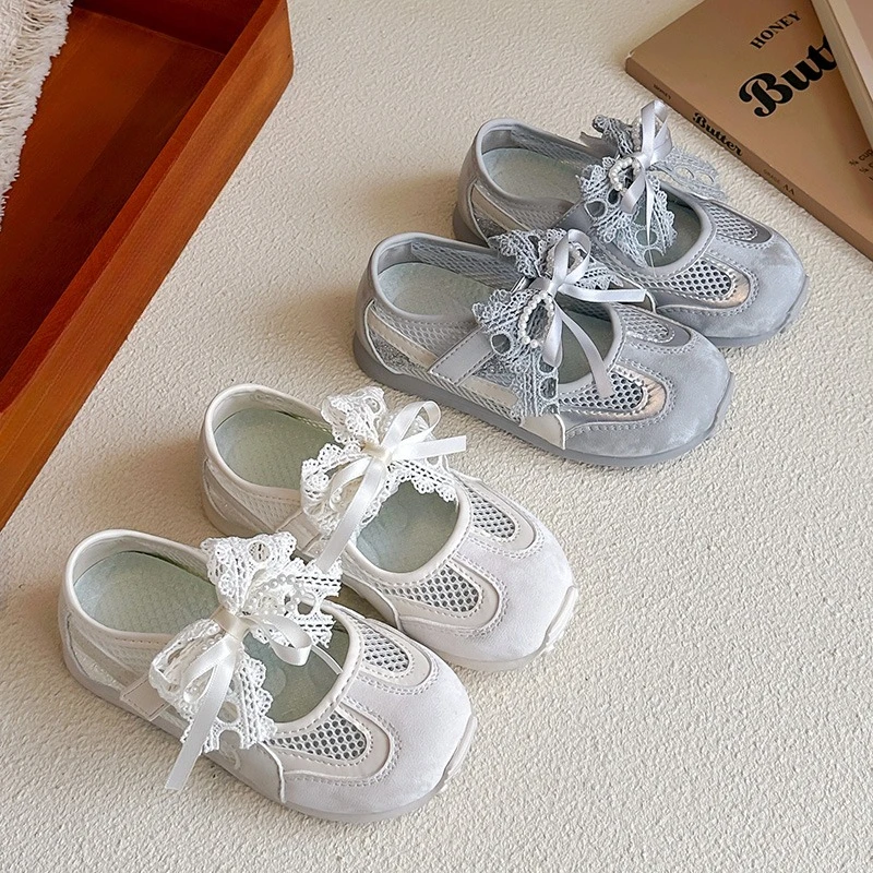 Mädchen Prinzessinnen-Sandalen Sommer Mesh Freizeitschuhe mit Eleganter Spitze Schleife Weiche Sohle Atmungsaktive Party-Schuhe für Kleinkinder