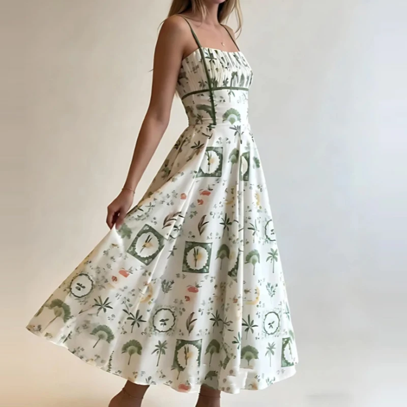 Sommerliches, tief ausgeschnittenes Partykleid mit hoher Taille, modisches Urlaubskleid für Damen, schmal geschnitten, mit weitem Saum, langer Rock, elegantes bedrucktes Neckholder-Plissee-Maxikleid Image