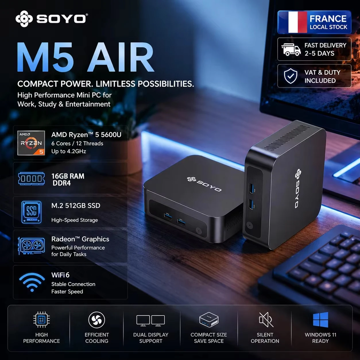 SOYO M5 AIR Mini-PC AMD Ryzen 5 5600U CPU (bis zu 4,2 GHz) DDR4 16GB RAM 512GB M.2 SSD 4K Triple-Display WIF6/BT5.2 Mini-Computer