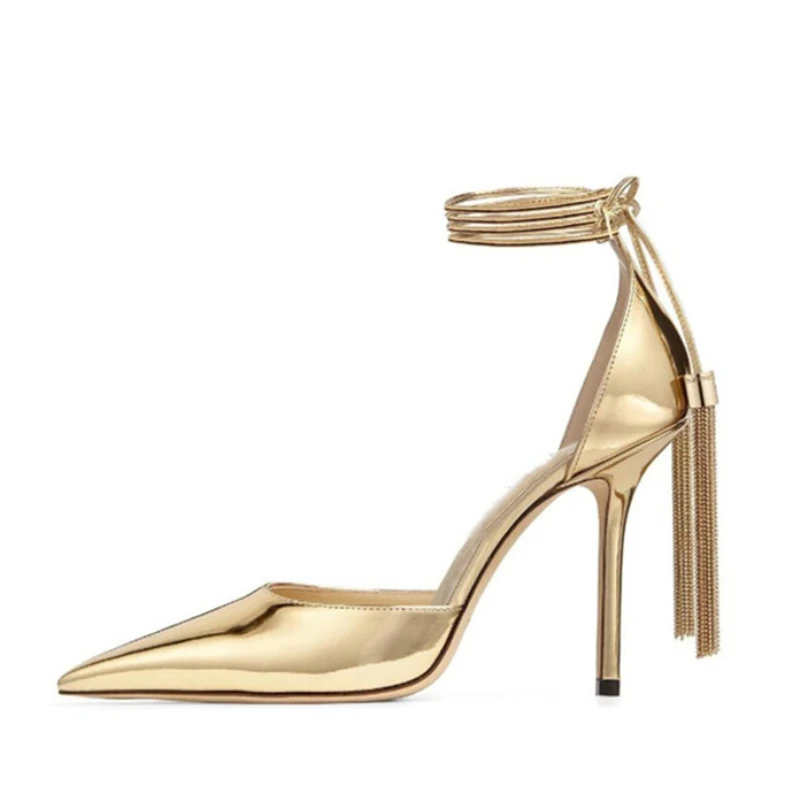 Marke Fuß Show Gold Quaste Hängenden Ohr Sandalen Ankle Strap Mode Schwarz Einzigen Schuhe, Elegante Hochzeit Bankett frauen Schuhe 43