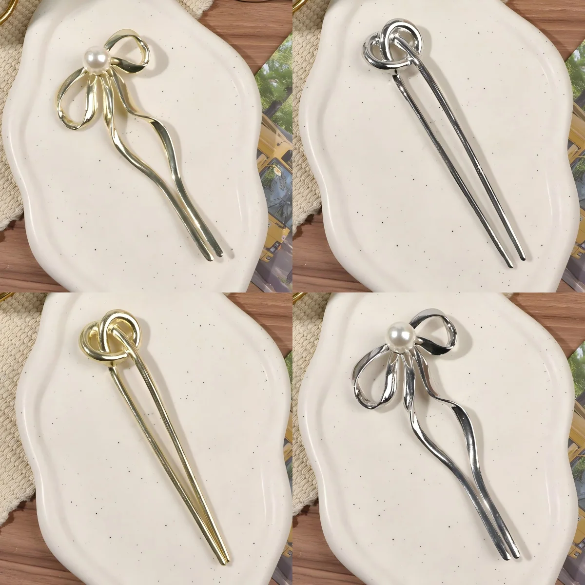 1 Stück Vintage Schleife Französische Perlen U-förmige Haarnadel für Frauen Doppelzinkige Haargabel Frisur-Accessoire Image