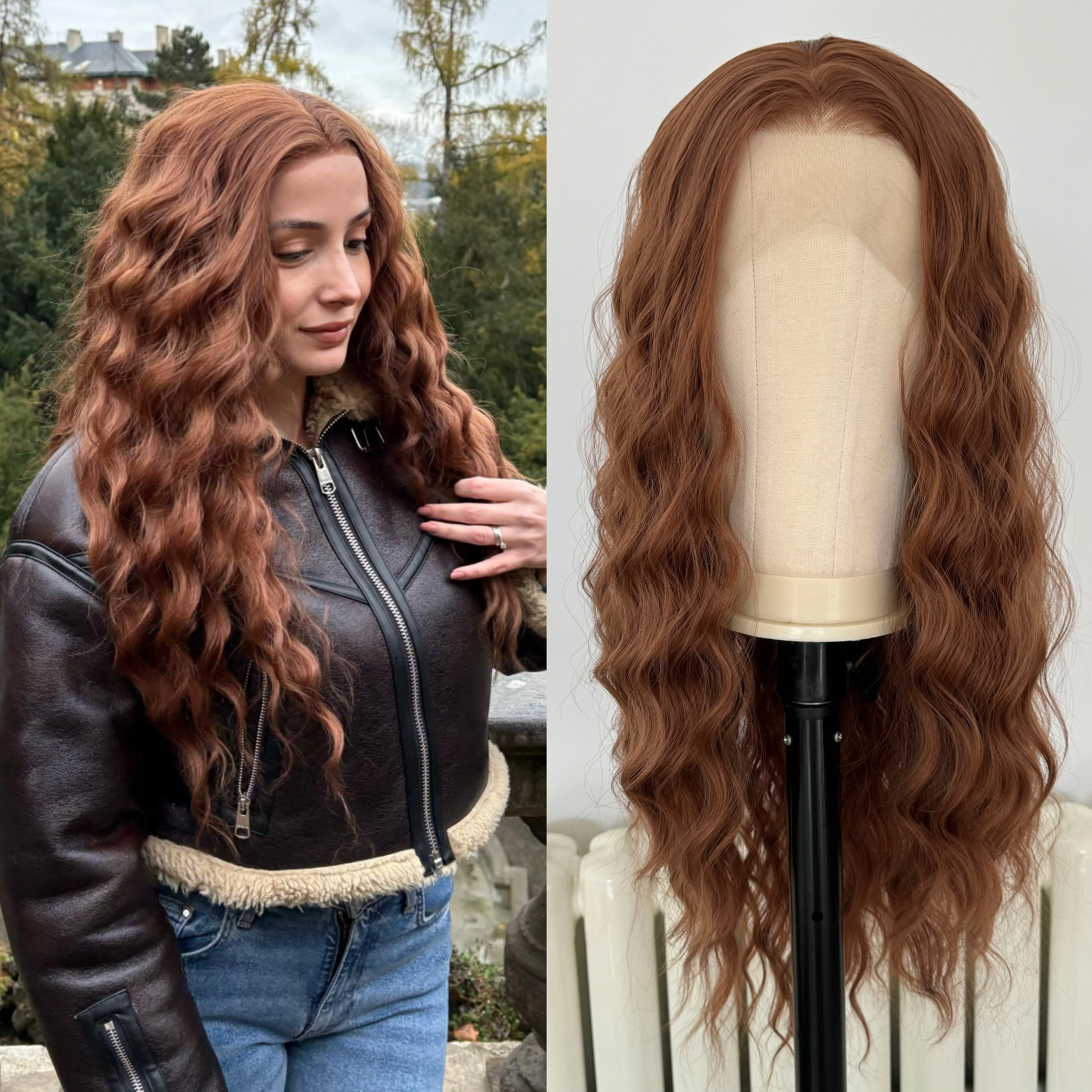 Braune lange lockige Perücke, synthetische Lace-Front-Perücke mit natürlichen Wellen, tiefbraune Perücke, lockere Locken, Lace-Perücken für Frauen, Cosplay, Alltagsgebrauch Image