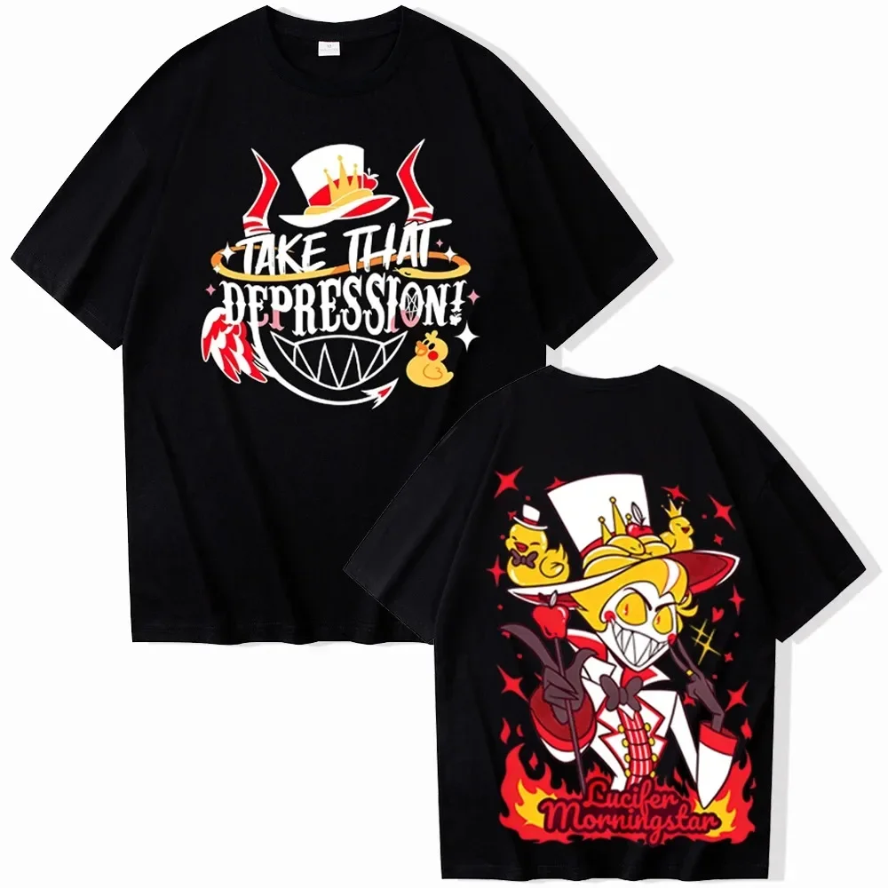2026 Neues Hazbin Hotel Lucifer Grafikdesign Grafikdruck Übergroßes T-Shirt für Herren und Damen Kurzarm O-Ausschnitt Lässiges T-Shirt Geschenk Image