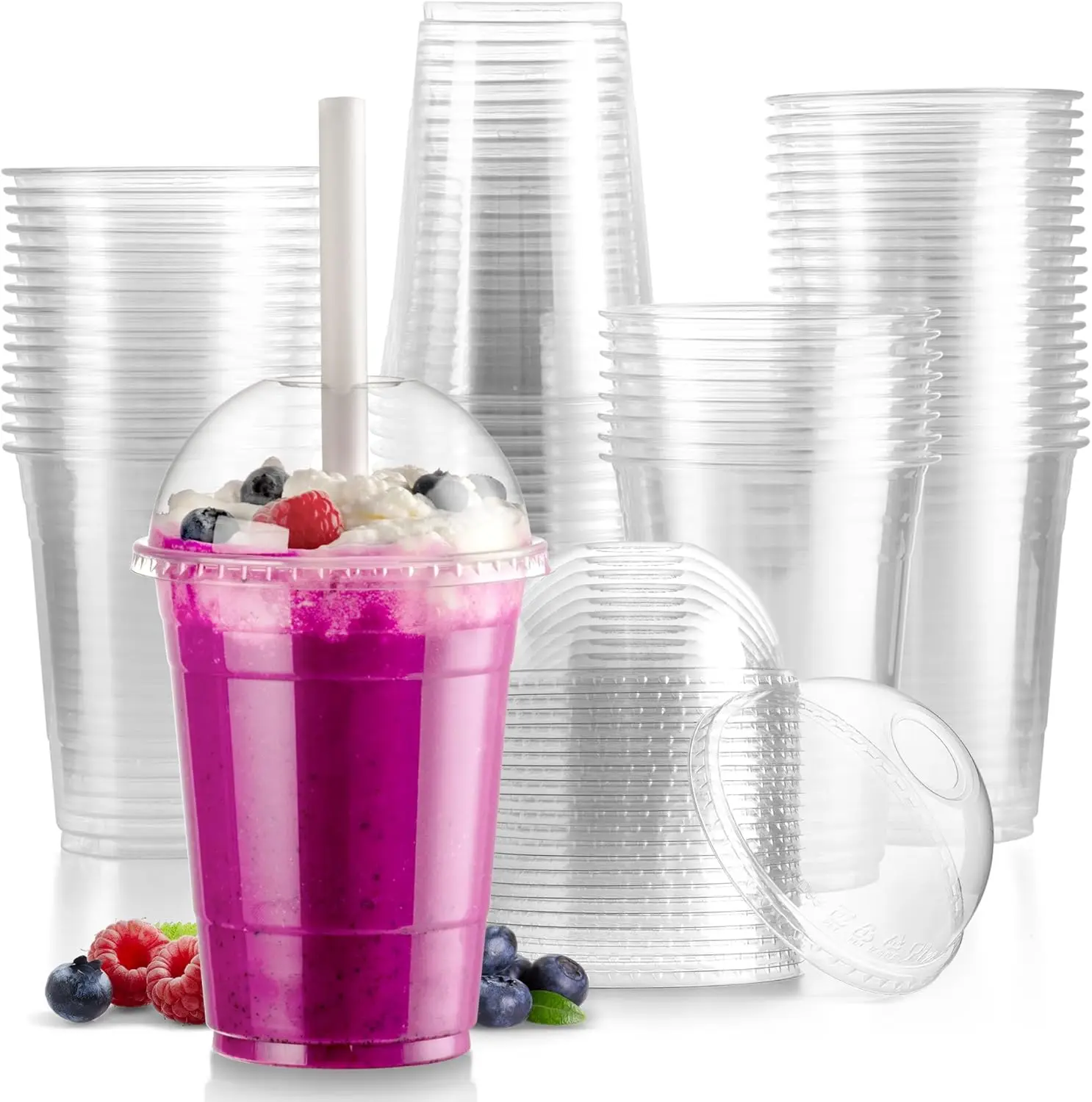 16/20/24OZ Eiscreme- und Kaffeebecher aus Kunststoff mit gewölbten Deckeln und Boba-Strohhalmen, Smoothie-, Saft-, Soda-, Cocktail- und Partybecher Image