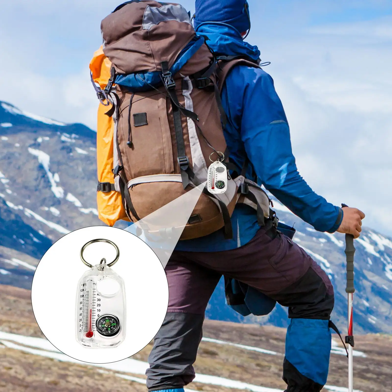Tragbarer Outdoor-Schlüsselanhänger mit Kompass und Thermometer, Kleiner Leitkompass-Schlüsselring für Camping, Wandern, Jagd und Abenteuer Image
