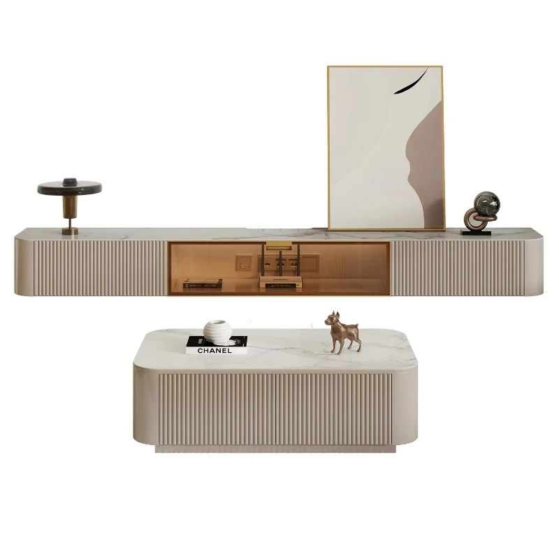 Meubles de salon modernes et luxueux, meuble TV flottant, ensemble de meuble TV et table basse, unité murale TV avec verre
