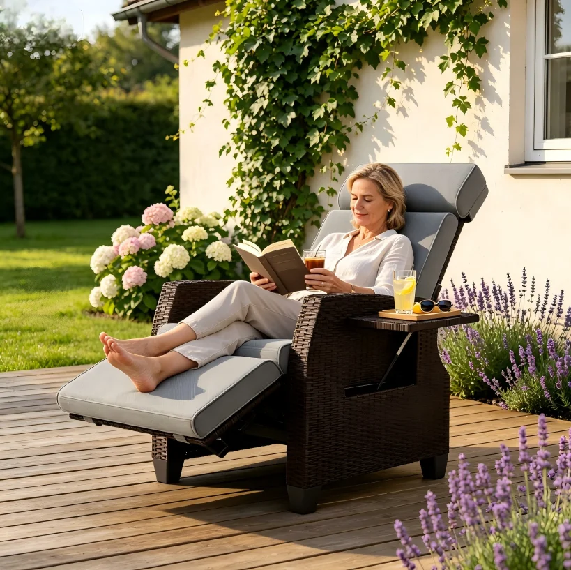Sonnenliege, Rattan Geflecht Outdoor Liegestuhl, mit verstellbarer Rückenlehne verstecktem Klapptisch, 160° flach liegender bequemer Loungesessel, Gartenstühle für Garten, Terrasse, Veranda, Image