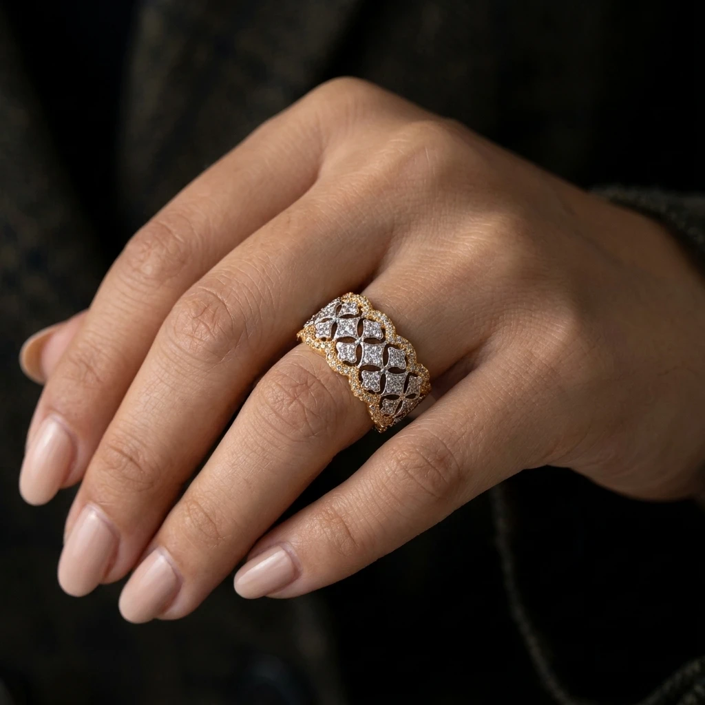 Spitzen-Waben-Kronen-Ring mit Edelsteinen und Kubischem Zirkonia aus Kupfer für Damen, Vintage Königlicher Geätzter Filigran-Statement-Fingerschmuck Image