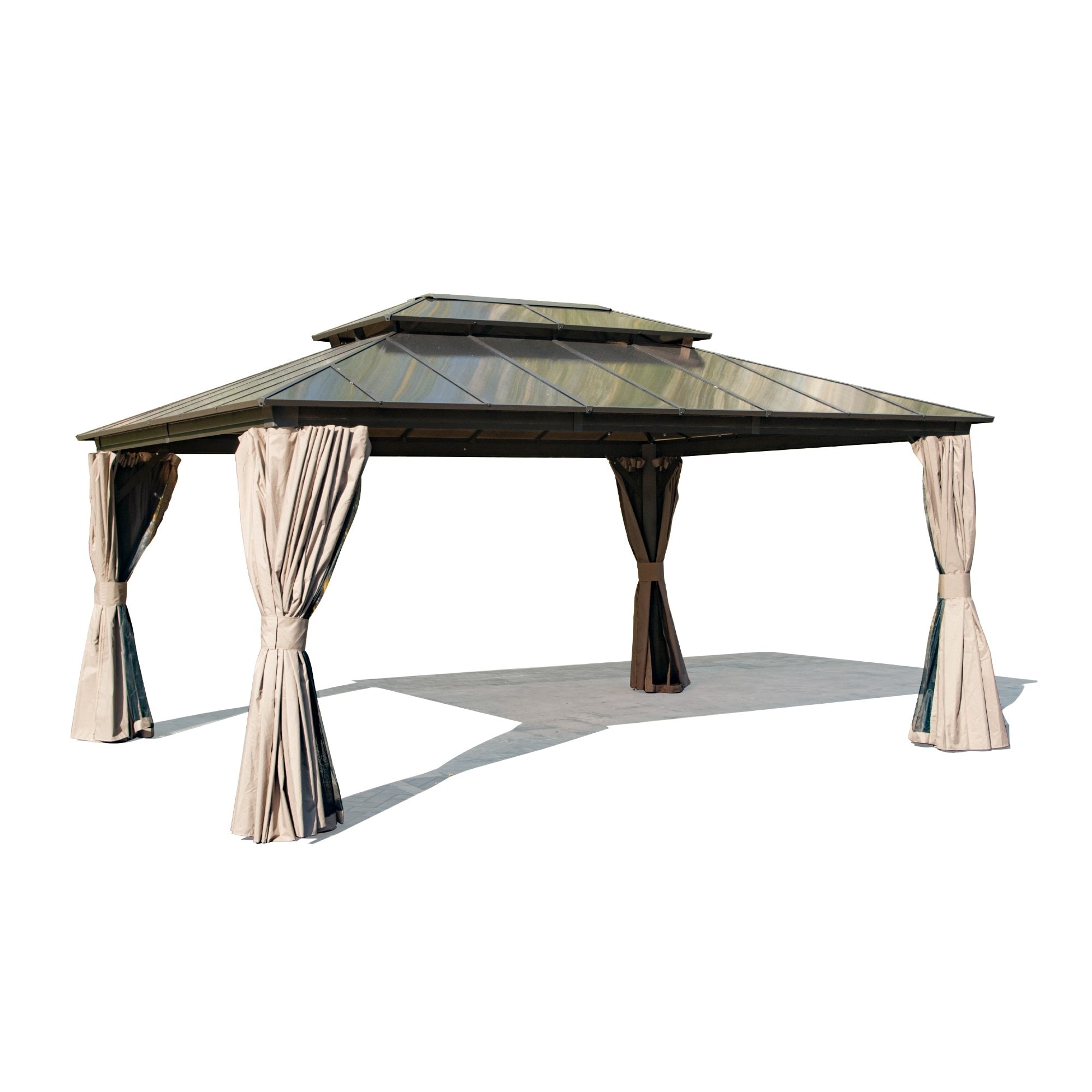 12x16ft Hardtop Aluminum Gazebo with Polycarbonate Double Roof, Bug Net & Curtains for Outdoor Patio, Garden, Backyard