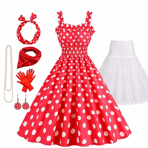 Set 1950er Retro Vintage Rockabilly Tee-Länge Minimantel Swing-Kleid Zubehörset mit Zubehör Kariert / Gingham Tupfen Tailliert und ausgestellt Kostüm Damen Halloween Maskerade Musikfestival Image
