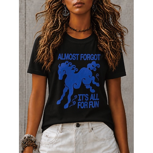 Damen T Shirt Druck Grafik Tiermotiv Pferd Vintage Stilvoll Klassisch Kurzarm Rundhalsausschnitt Rundhals Normale Oberteile Lässig Täglich Wochenende Weiß / Schwarz Weiß / blau Blau Schwarz Schwarz Image