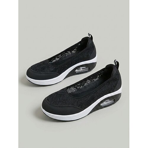 Weiße, atmungsaktive Damen-Sneaker mit Blumenmuster und Spitze – leichte, bequeme Slipper mit Luftpolsterung und stoßdämpfender Unterstützung für Alltag, Reisen, Shopping und Freizeit. Image