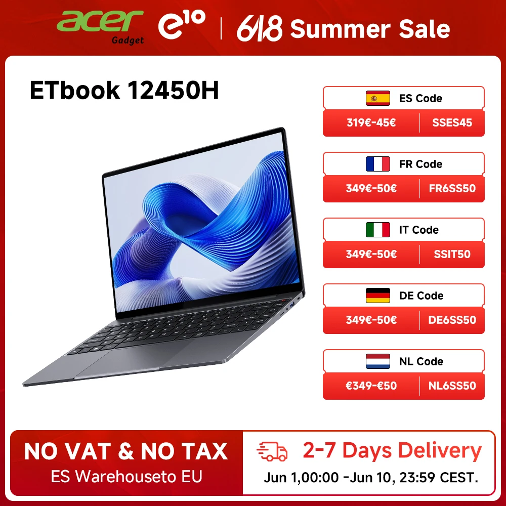 Acer Gadget e10 ETBook Laptop Intel Core i5-12450H 16 GB RAM 512 GB SSD 14 Zoll 2160 x 1440 Auflösung Notebook 8 Kerne 12 Threads BT5.2 WiFi6 Windows 11 Büro- und Lerncomputer Image