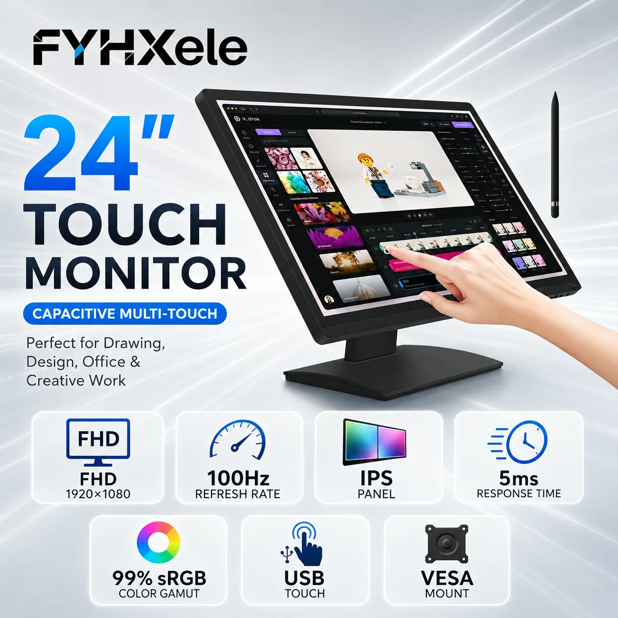 Moniteur tactile 24 pouces FHD 1080P, écran IPS 100Hz, écran tactile capacitif multi-touch, 99% sRGB, USB, temps de réponse de 5 ms, support VESA, moniteur d