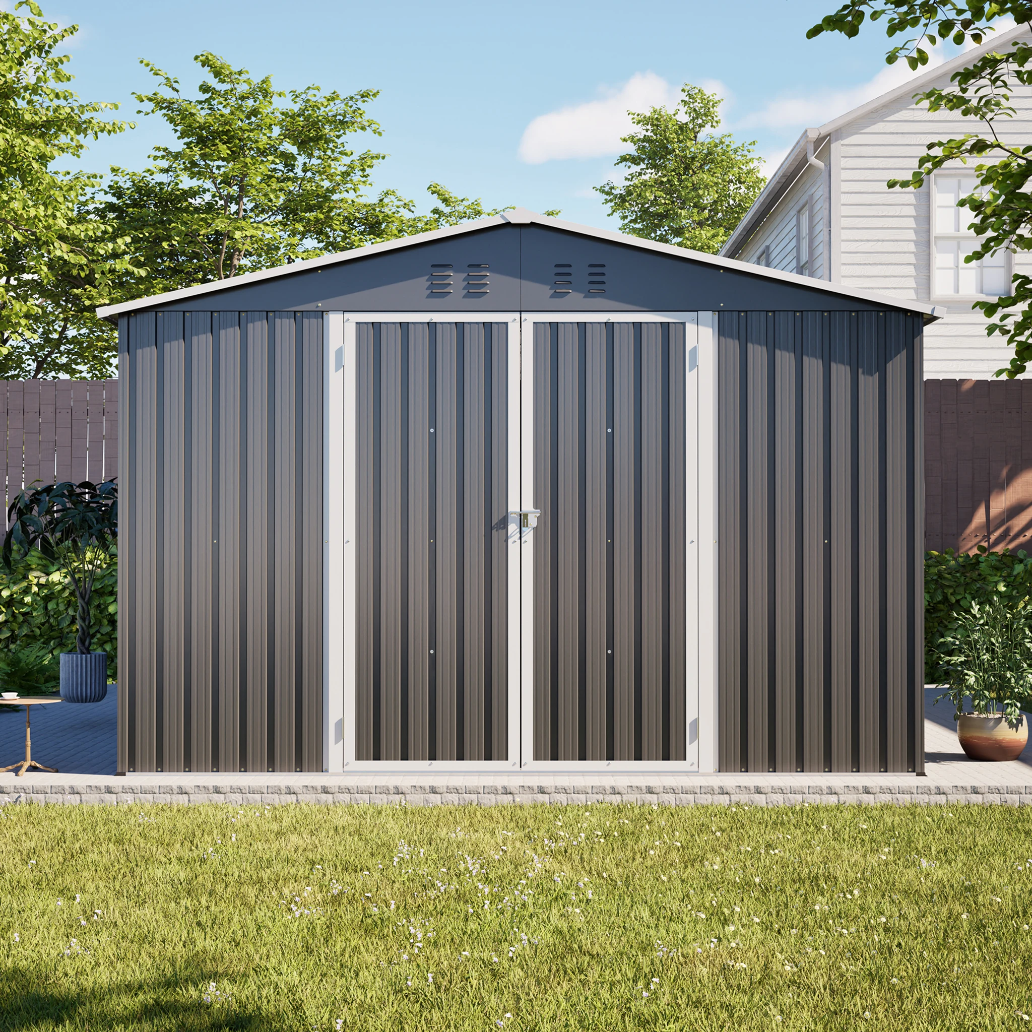 Abri de jardin en métal 10x10 pieds avec plancher intégré, abri de jardin en acier robuste avec portes verrouillables pour jardin