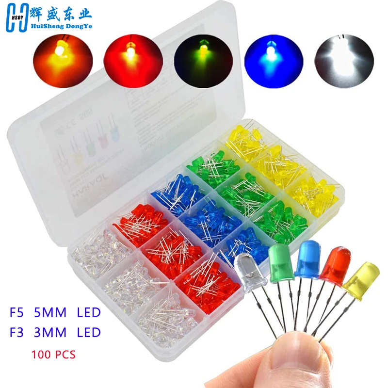 100 Stück/Los 3mm 5mm F3 F5 Runde LED Ultra Helle Weiße Grüne Gelbe Blaue Weiße Rote Leuchtdioden für DIY-Kit