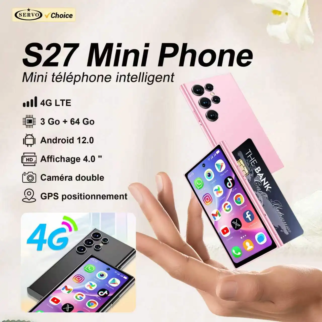 SERVO S27 MINI 4G LTE Mini Smartphone Android12 OS 3GB+64GB Google Play Déverrouillage par reconnaissance faciale WiFi Hotspot Petit smartphone 2 SIM en veille