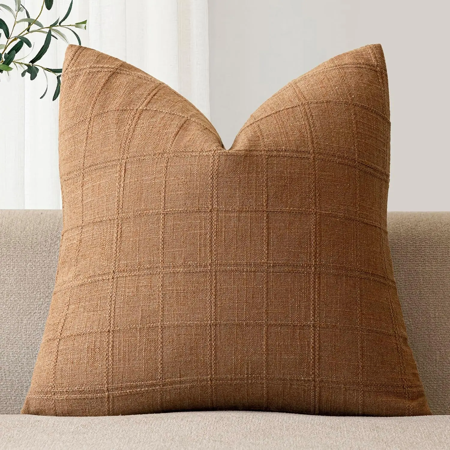 Brauner 40x40cm Leinen-Kissenbezug mit Karomuster, Neutraler Farmhaus-Vintage-Kissenbezug, Moderner Küsten-Boho-Wohndekor für Sofa Image