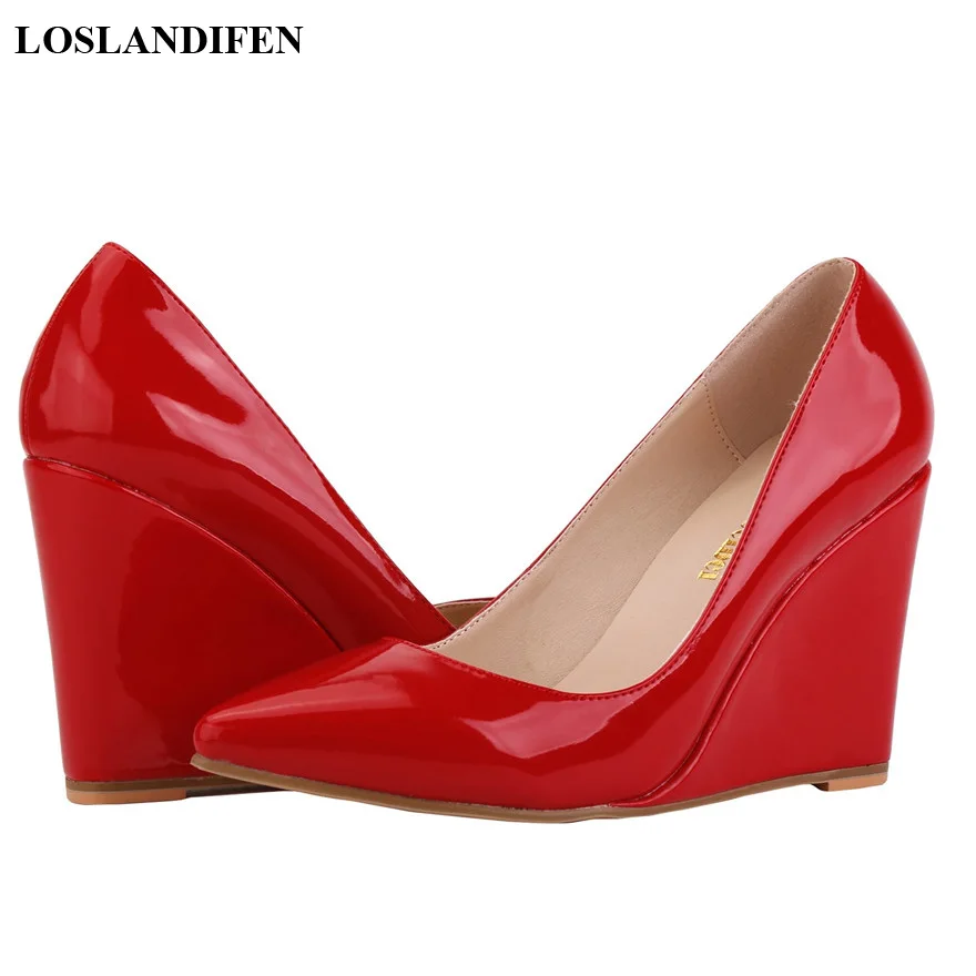 14 farben Frauen Patent Leder Keil Schuhe Herbst Spitze Zehen Flach Frau Pumpen Rot Gelb High Heels Weibliche Hochzeit Kleid schuh