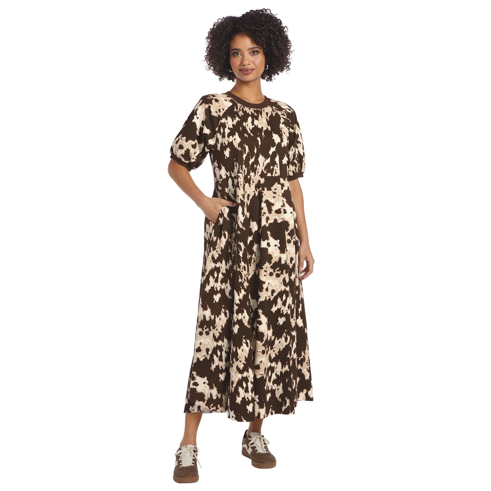 Masseys Daily T-Shirt Maxi Dress Casual in Brown/Ivory Cow, Size XL, Cotton