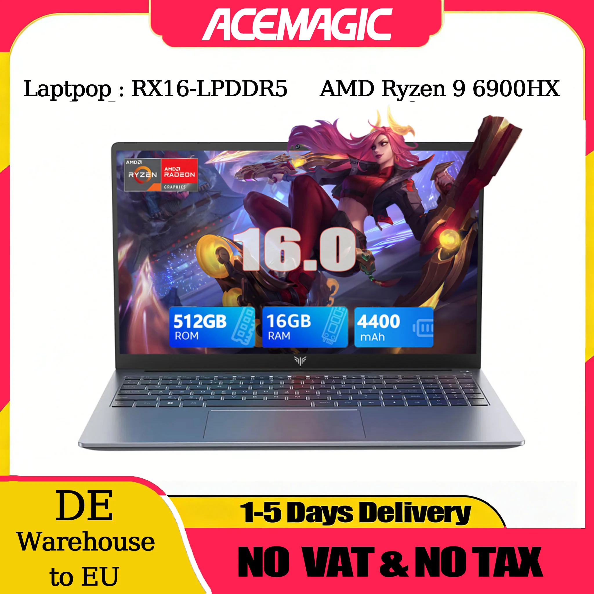 ACEMAGIC Laptop 16“ FHD Gaming-Laptop AMD Ryzen 9 6900HX 16GB RAM 512GB SSD Windows 11 Pro Notebook mit Hintergrundbeleuchtung, KB, Wifi6, BT5.2 Image