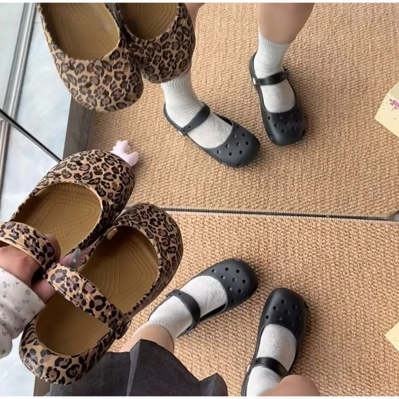 Ballet Leopard Print EVA Clogs für Damen, Mary Jane Strandschuhe mit weicher Sohle und rutschfester Sohle, atmungsaktive, leichte Sommersandalen mit geschlossener Zehenpartie