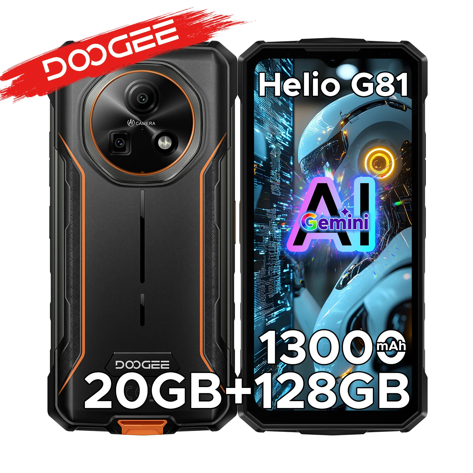DOOGEE Fire 5 Pro Smartphone, robustes Gemini AI-Modell mit 13000mAh Akku, Android, 15/20 GB RAM (4/16), 128 GB ROM, Hel Image