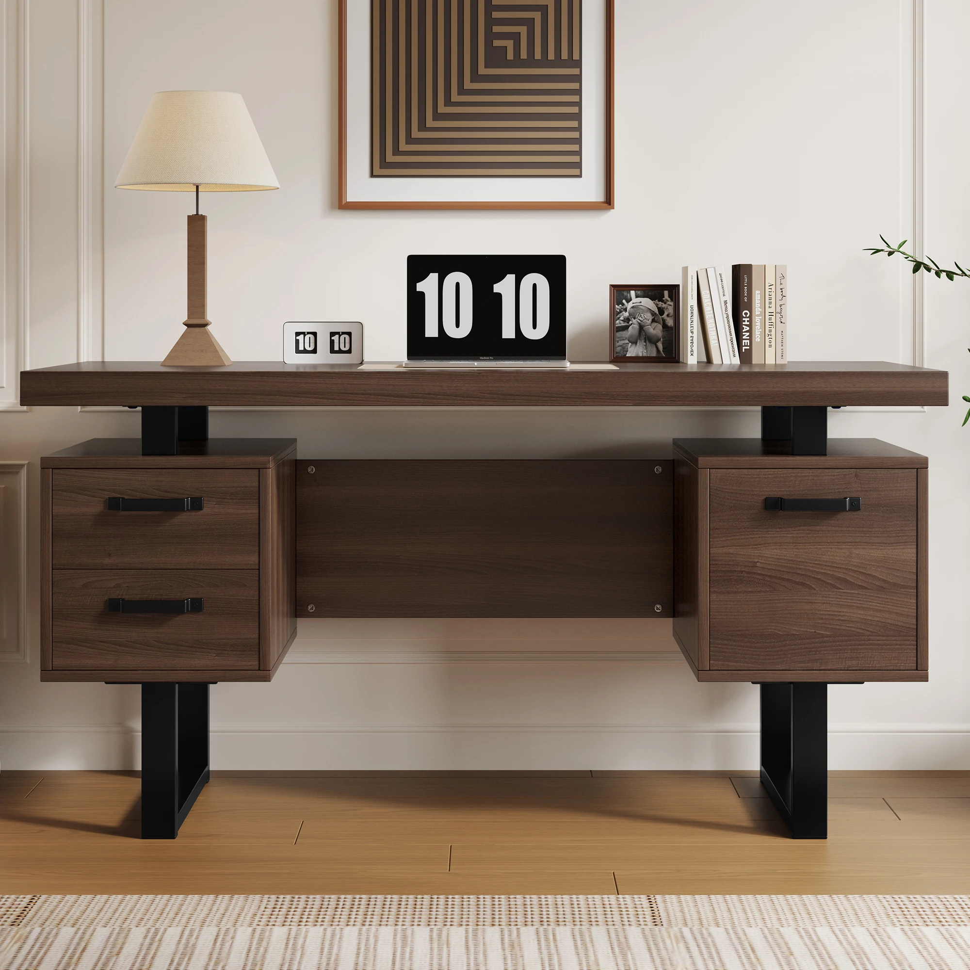 Schreibtisch, Computertisch, Arbeitstisch, 135×54cm, schlichter brauner Bürotisch, MDF & hochwertiger Stahlrohrrahmen, geräuschlose Schublade mit Aktenaufbewahrung, wasserabweisende geräumige Tischplatte, für Home-Office, Schlafzimmer,...