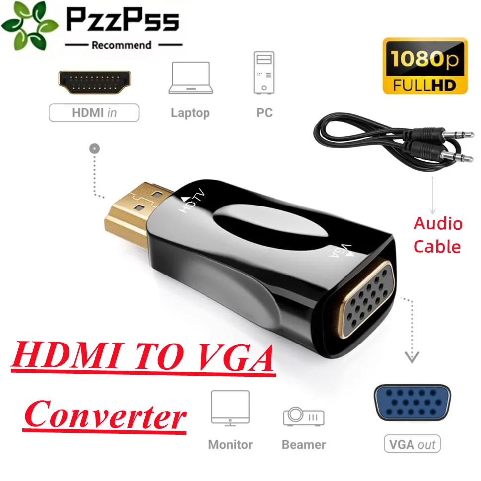HDMI-kompatibler zu VGA-Kabeladapter Konverter 3,5 mm Audio-Schnittstelle Stecker auf Buchse HD 1080P Übertragungsadapter Image