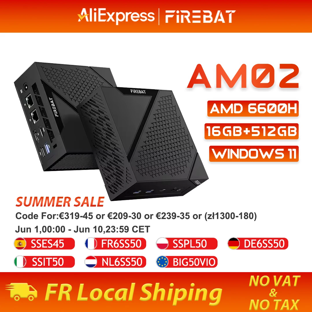 FIREBAT MINI PC AM02 AMD Ryzen 5 6600H LP DDR5 16GB RAM 512GB SSD Windows 11 Tragbarer Desktop-Computer Netzwerkanschluss HDMI WIFI6 BT5.2