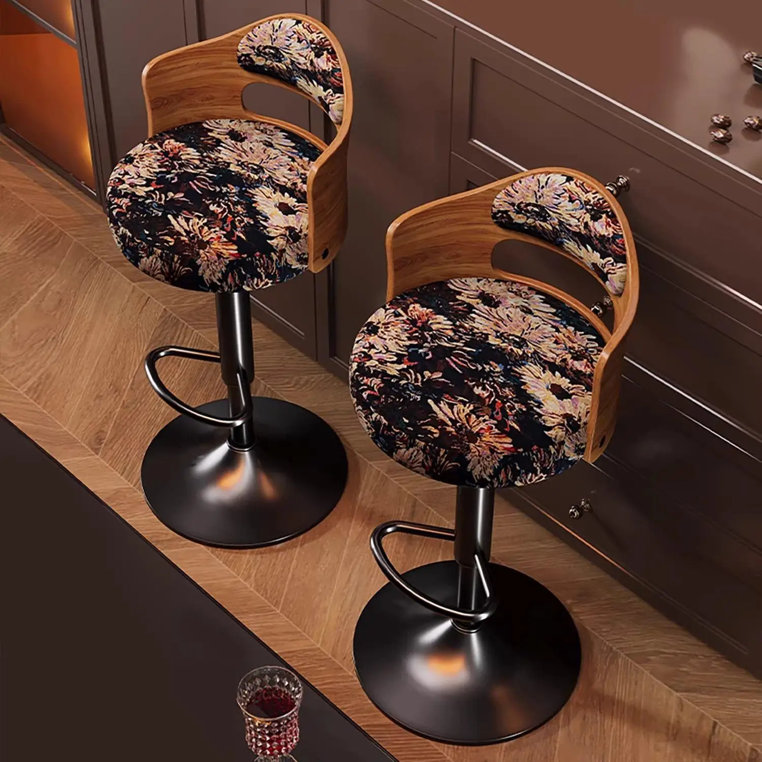 DSA Vintage-Stil Holzbarhocker mit Rückenlehne für Zuhause, Barstühle, Sitzkissen mit Blumenmuster, verstellbarer Barhocker Image