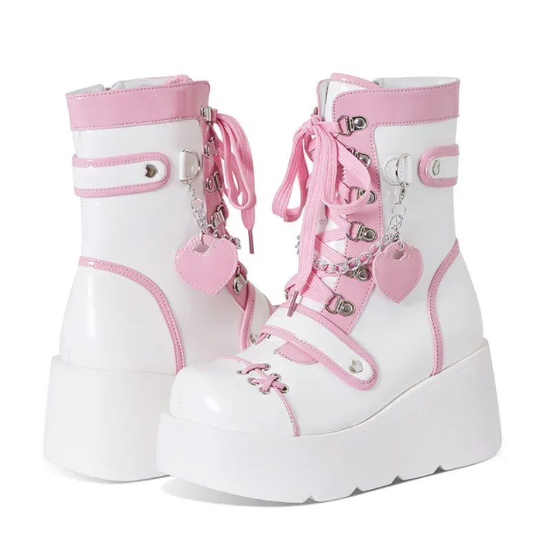 Metall Stil Rock frauen Schuhe Herbst Neue Dicken sohlen Stiefel Kurze Stiefel Herz-förmigen Kreuz Metall Dekoration Punk stil Gothic