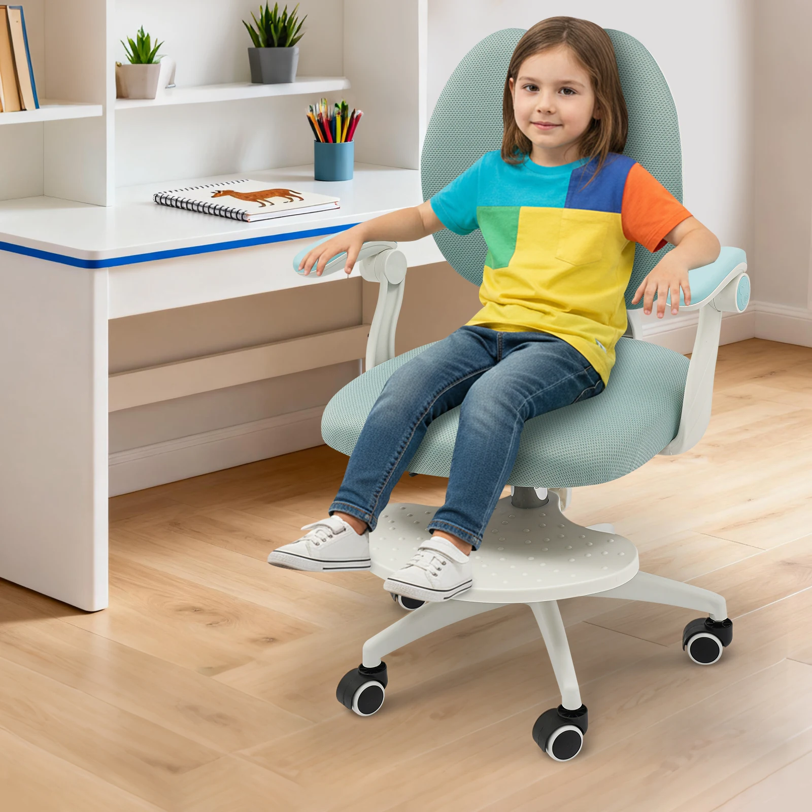 Drehbarer Bürostuhl, Schreibtischstuhl, Kinder-Lernstuhl, Arbeitshocker, weicher Schwammsitz mit Armlehnen und Rückenlehne 40-50 cm