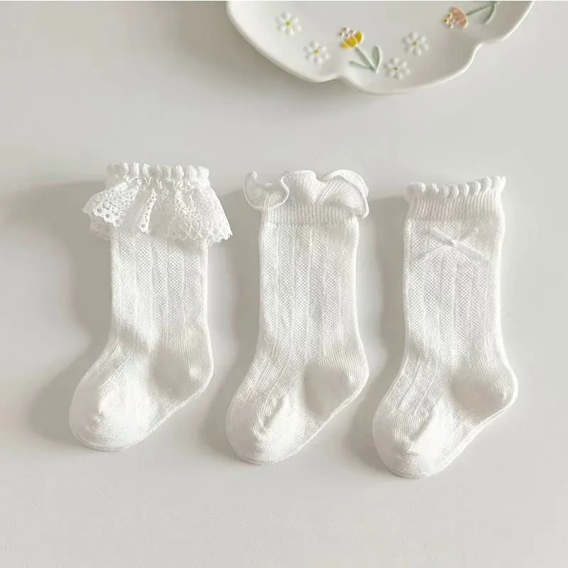 3 Paar Spitzen-Rüschen-Prinzessinnen-Socken für Mädchen, Sommer-Mesh-Mückenschutz-Langsocken in Weiß, Baby-Kniestrümpfe, Fußbekleidung 양말 Image