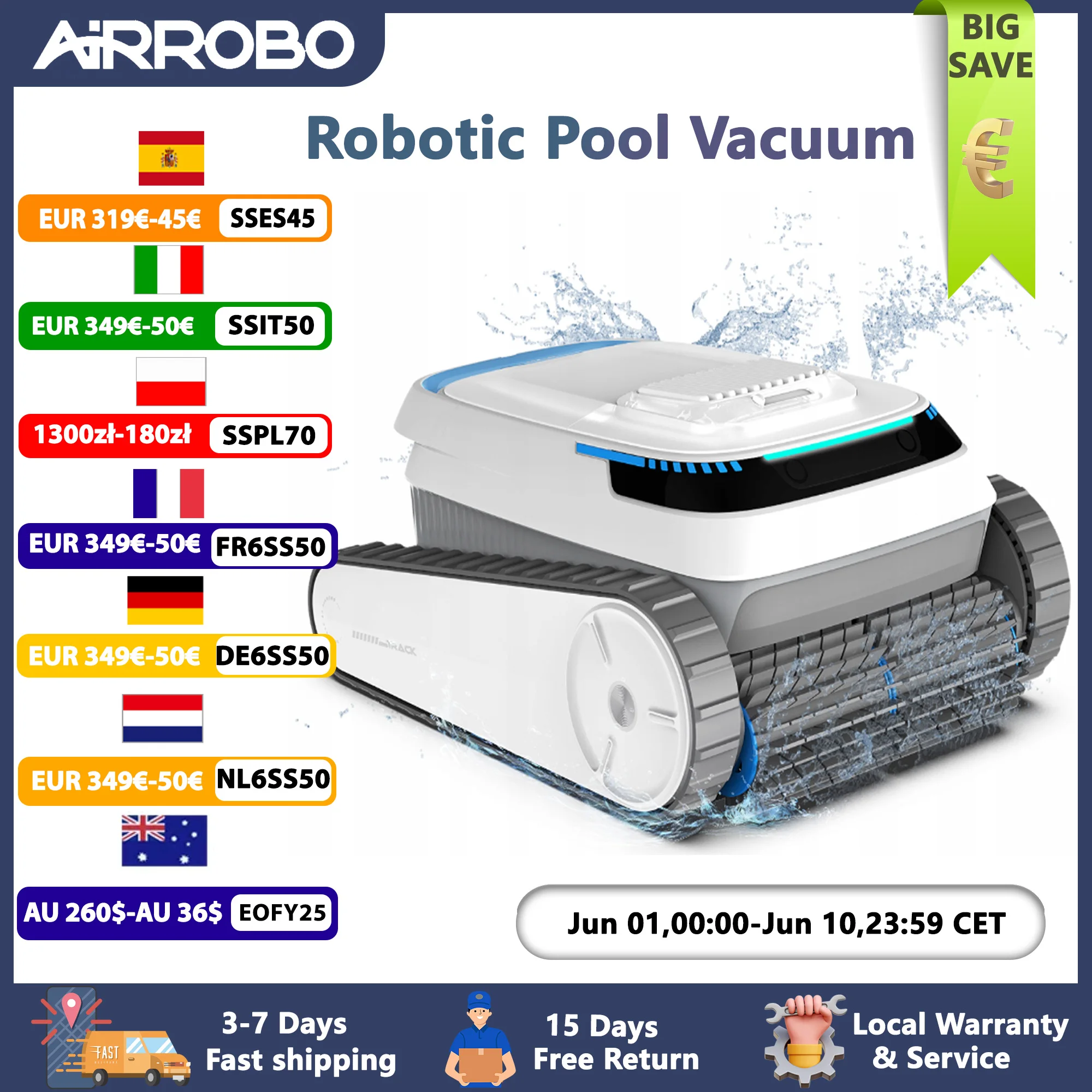 Robot aspirateur de piscine AIRROBO PC10 pour piscine enterrée, nettoyeur de piscine à navigation intelligente, nettoyeur de piscine qui grimpe aux parois, autonomie de 120 minutes