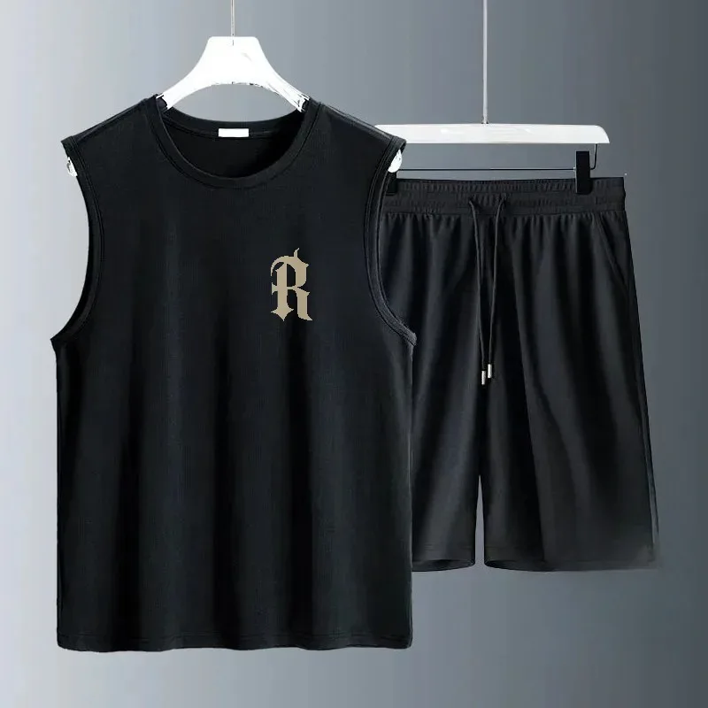 Men Summer Polyester Workout Tank Tops Sweat Sleeveless Tee Sports Gym Fitness tops Workout Casual Top Men sets men Clothing