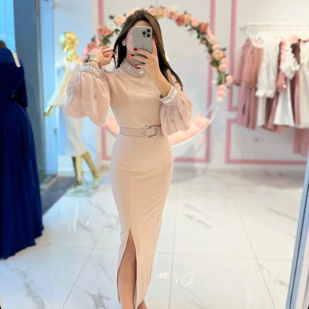Customized High Quality Jersey Sash Rhinestone Column Collar Midi Dresses Bespoke Occasion Chinese Style