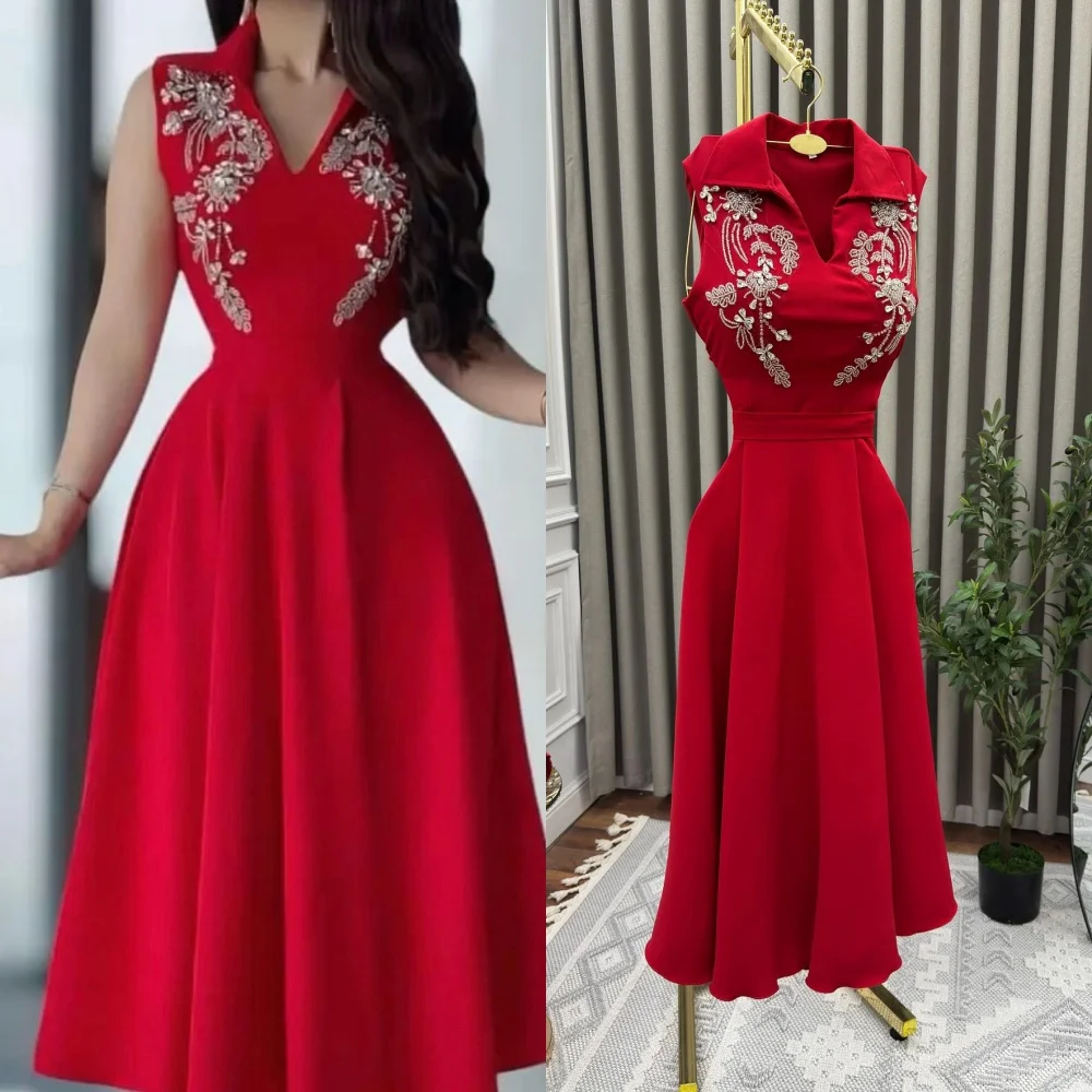 Customized Exquisite Jersey Pleat Pattern A-line V-neck Midi Dresses Bespoke Occasion Fashion High Quality