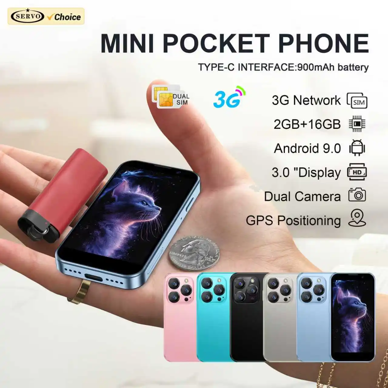 SERVO 16SE MINI Small Size Smartphone 3.0'' Display Android 9.0 WhatsAPP WiFi 2GB+16GB Face Unlock 3G WCDMA Cellular Smart Phone
