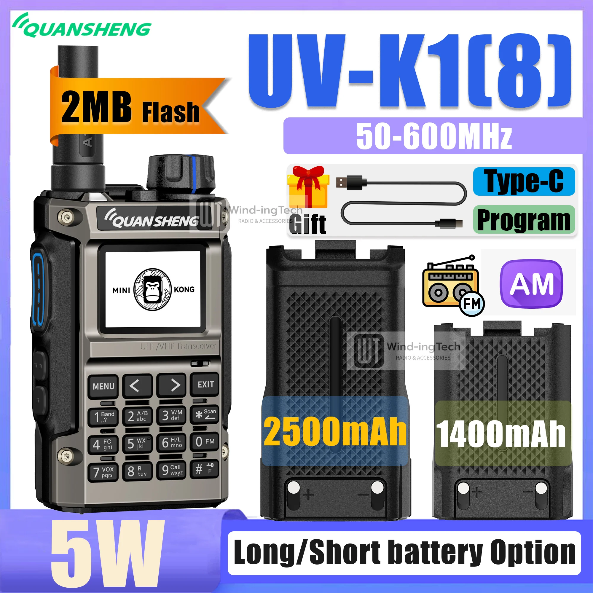 Quansheng UV-K1(8) Mini-Walkie-Talkie, 2 MB Flash, 50–600 MHz, kabellose Kopierfrequenz, AM FM Typ C, 5 km Langstrecken-Amateurfunkgerät Image