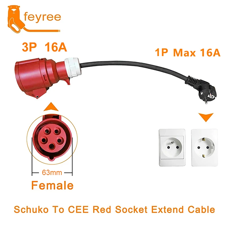 Feyree ev ladegerät schuko stecker an cee red power buchse stecker 5-poliger buchsen adapter verbinden mit 16a 3 phase 11kw tragbares ladegerät Image