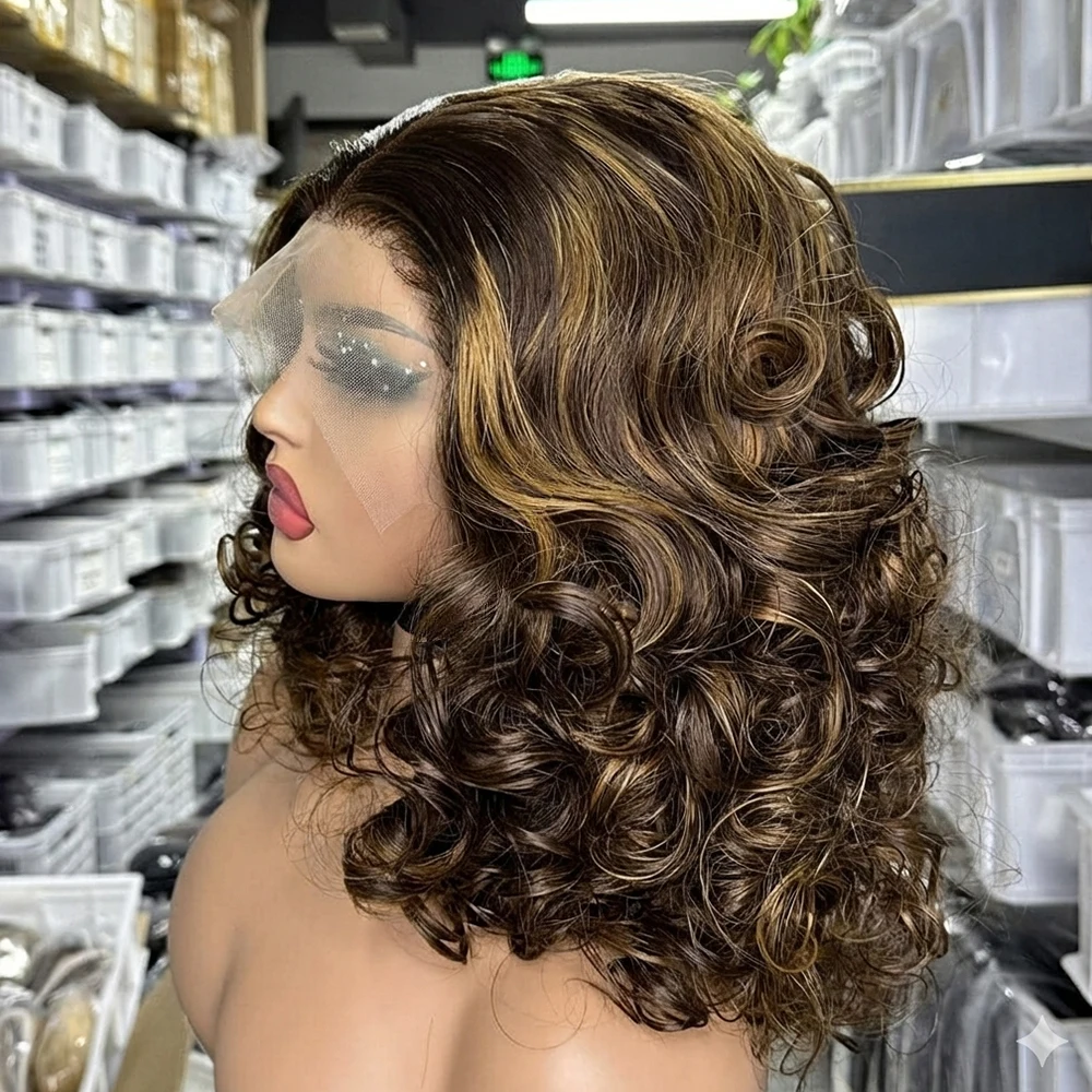 Farbige Body Wave Kurze Bob-Perücken aus Echthaar, Ombre 4/27, vorgezupfte Lace-Frontal-Perücken, Highlight 4/27, kurze Echthaar-Perücken, Indisch Image
