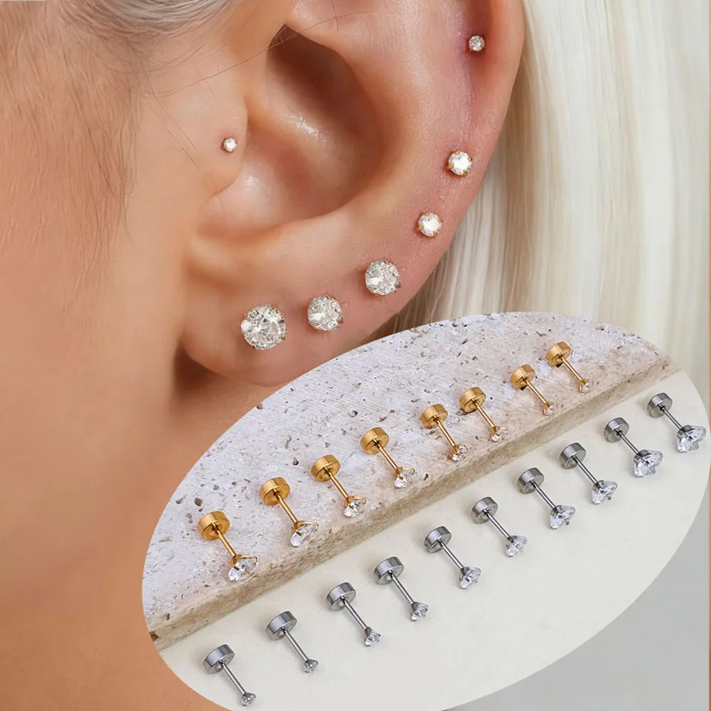 6 Paar Edelstahl-Ohrstecker mit flacher Rückseite und Schraubverschluss für Damen und Herren, 4 Zinken, Tragus, kleine runde, klare Zirkonia-Ohrschmuck Image