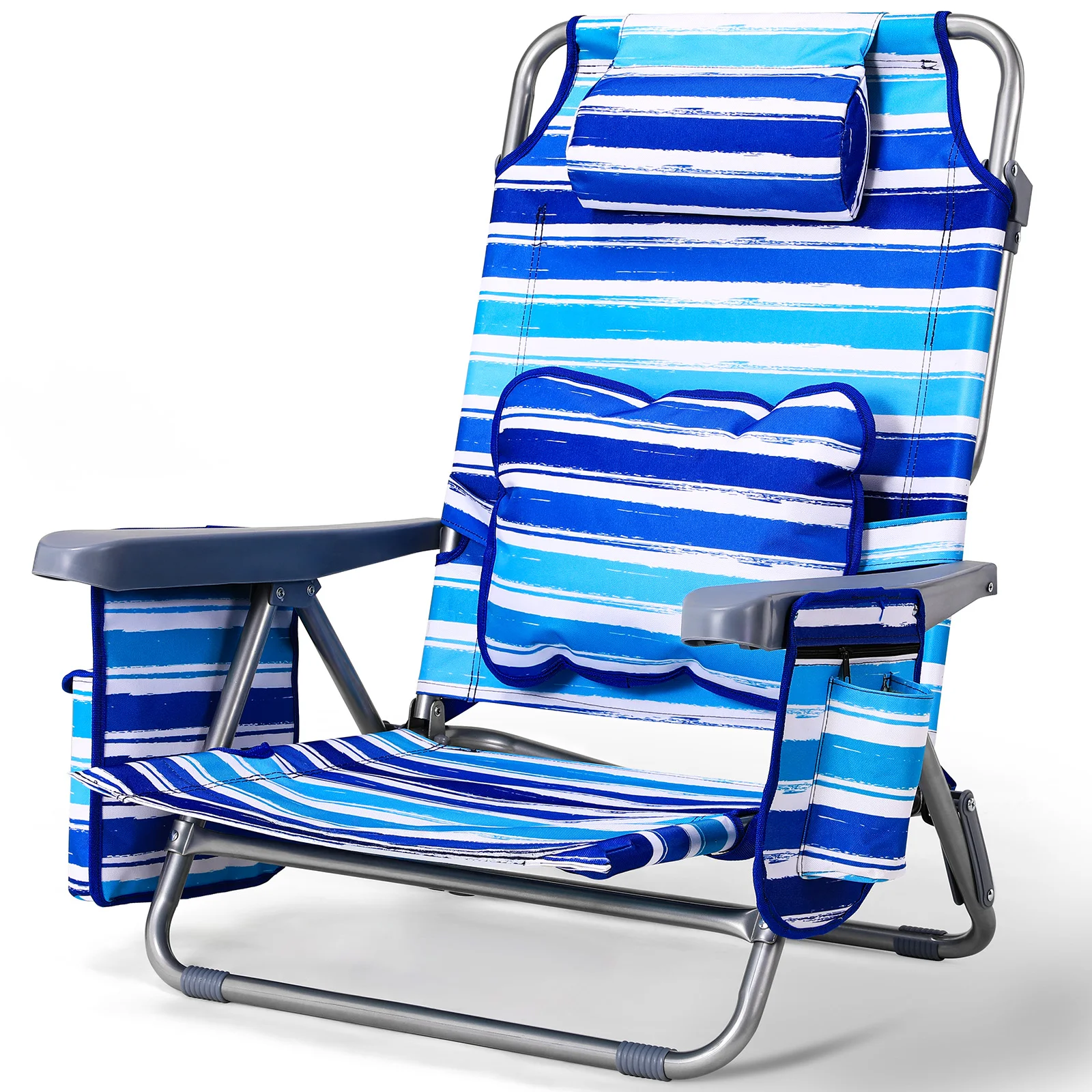 Klappbarer Strandstuhl für Erwachsene, leichter Strandstuhl aus Aluminium mit 5 Positionen, Stühle mit niedrigem Sand und Schultergurt, Getränkehalter