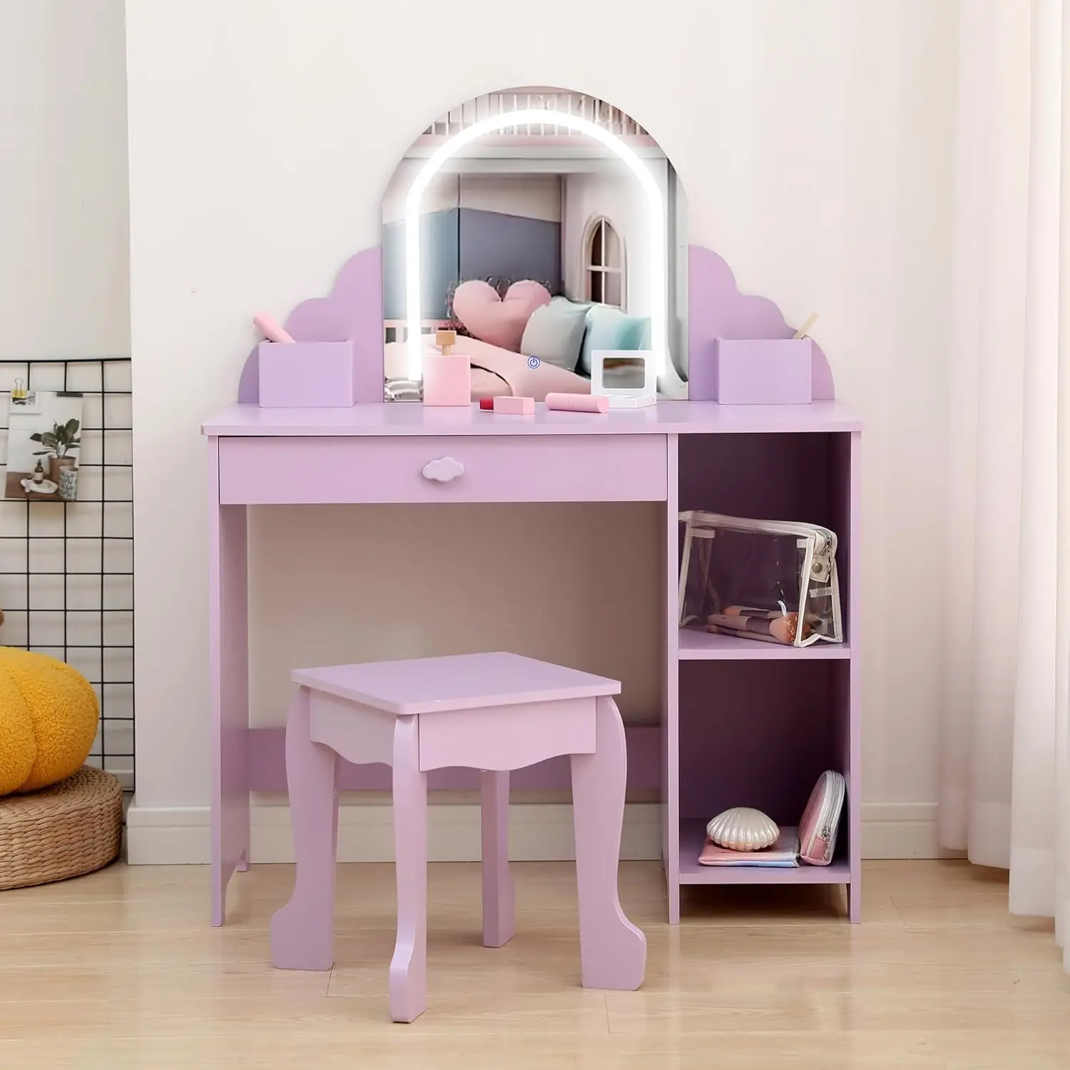 Garvee Schminktisch mit beleuchtetem Spiegel für Mädchen von 3–9 Jahren: Lila Kinder-Schminktisch mit Schublade, offenen Regalen und kleinem Aufbewahrungsbereich außen am Rahmen für Schlafzimmer, Image