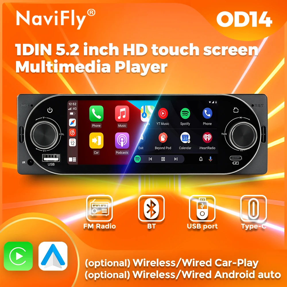 NaviFly 1Din 5,2-Zoll MP5 HD Touchscreen Universal Autoradio Drahtloses Carplay Android AUTO Navigation GPS Multimedia Player Image